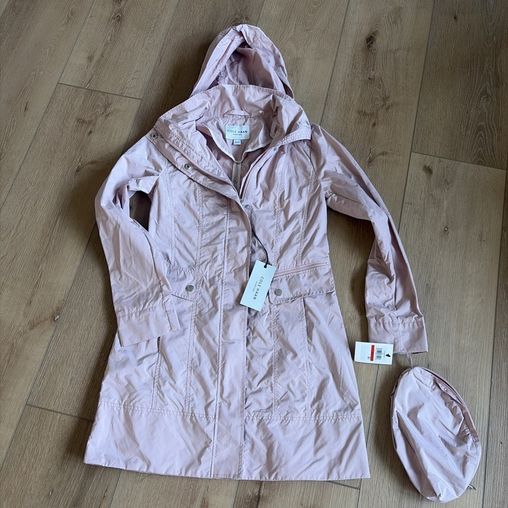 Cole Haan Signature Packable Raincoat Pink Hooded Jacket Size XS Cinch Waist‎